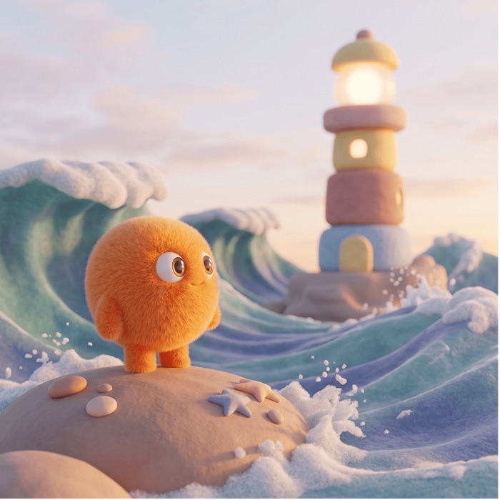 Lumi next to a small lighthouse