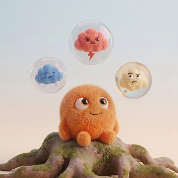 Lumi looking at three small storm clouds in bubbles